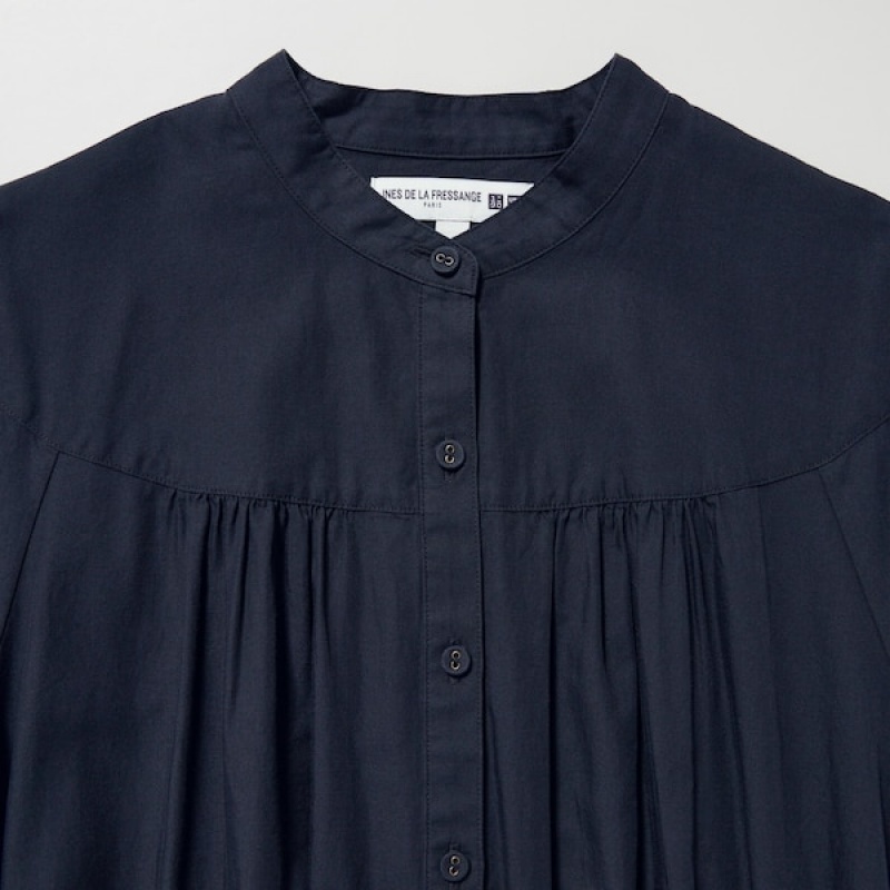 Uniqlo Cotton Twill Volume Sleeve Long Ženske Haljina Tamnoplave | 0958-BIMTV