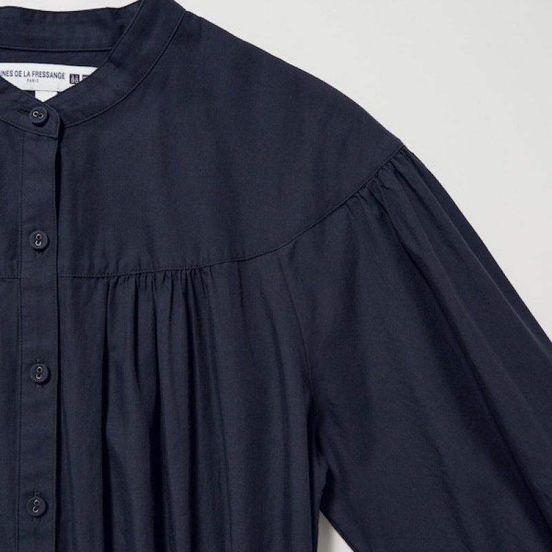 Uniqlo Cotton Twill Volume Sleeve Long Ženske Haljina Tamnoplave | 0958-BIMTV