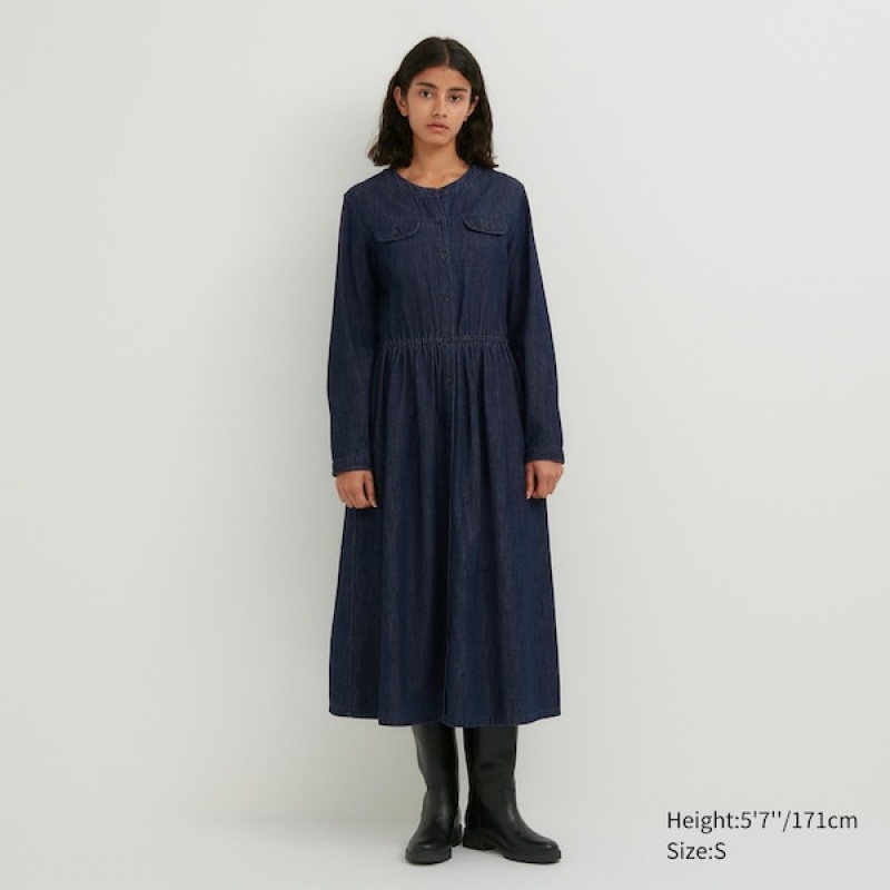 Uniqlo Denim Long-Sleeve Ženske Haljina Tamnoplave | 1602-MNCHY