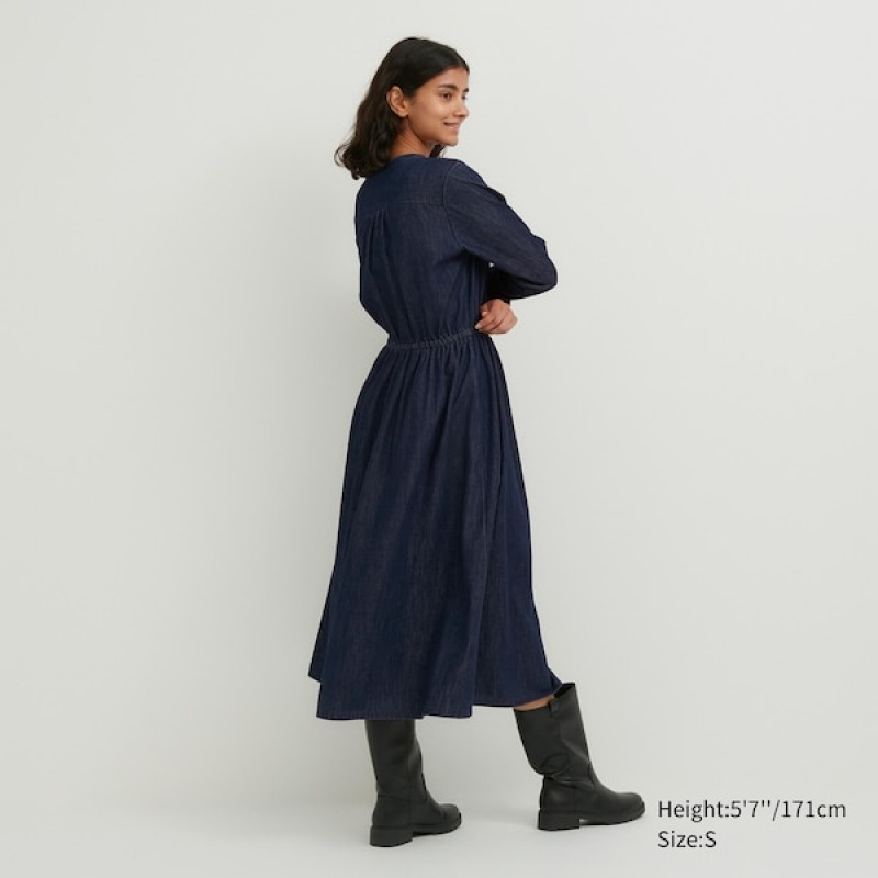 Uniqlo Denim Long-Sleeve Ženske Haljina Tamnoplave | 1602-MNCHY