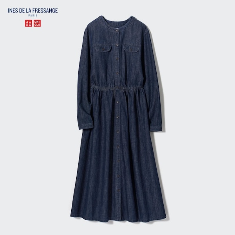 Uniqlo Denim Long-Sleeve Ženske Haljina Tamnoplave | 1602-MNCHY