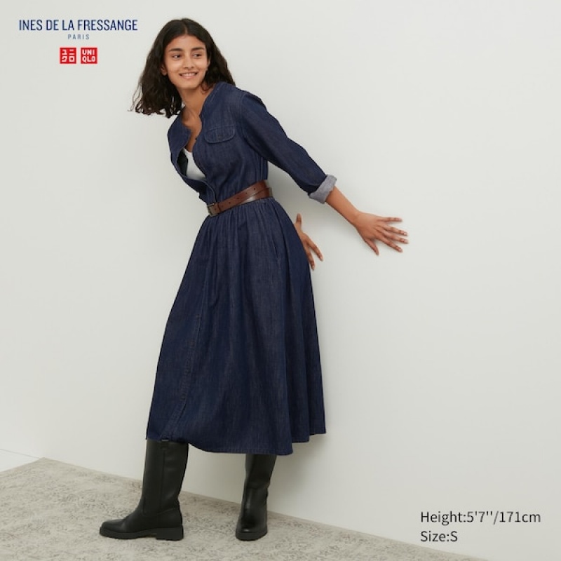 Uniqlo Denim Long-Sleeve Ženske Haljina Tamnoplave | 1602-MNCHY
