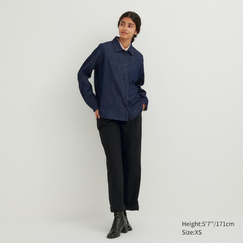 Uniqlo Denim Long-Sleeve Ženske Košulje Tamnoplave | 0592-LDWEA