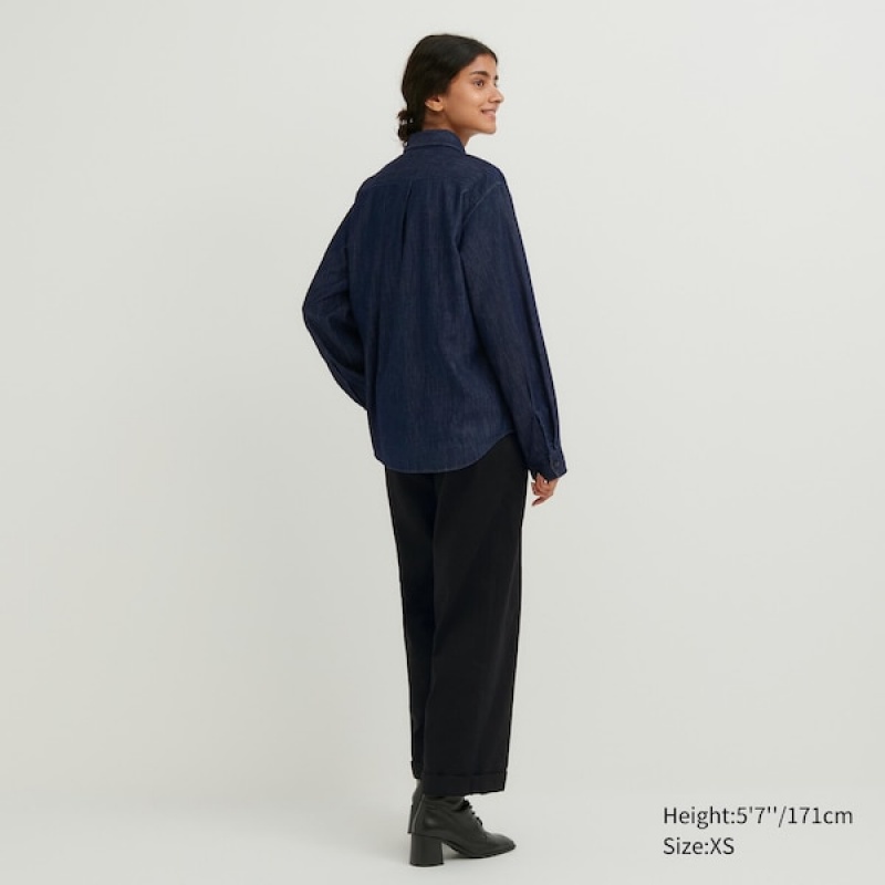 Uniqlo Denim Long-Sleeve Ženske Košulje Tamnoplave | 0592-LDWEA