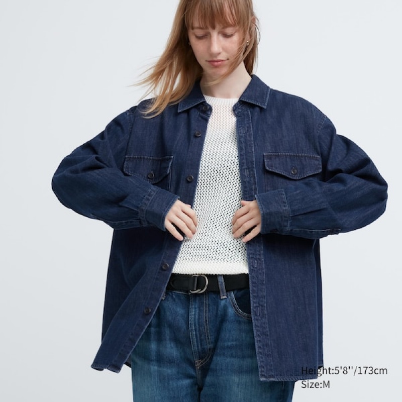 Uniqlo Denim Utility Long-Sleeve Overshirt Ženske Košulje Plave | 1054-EDCJB