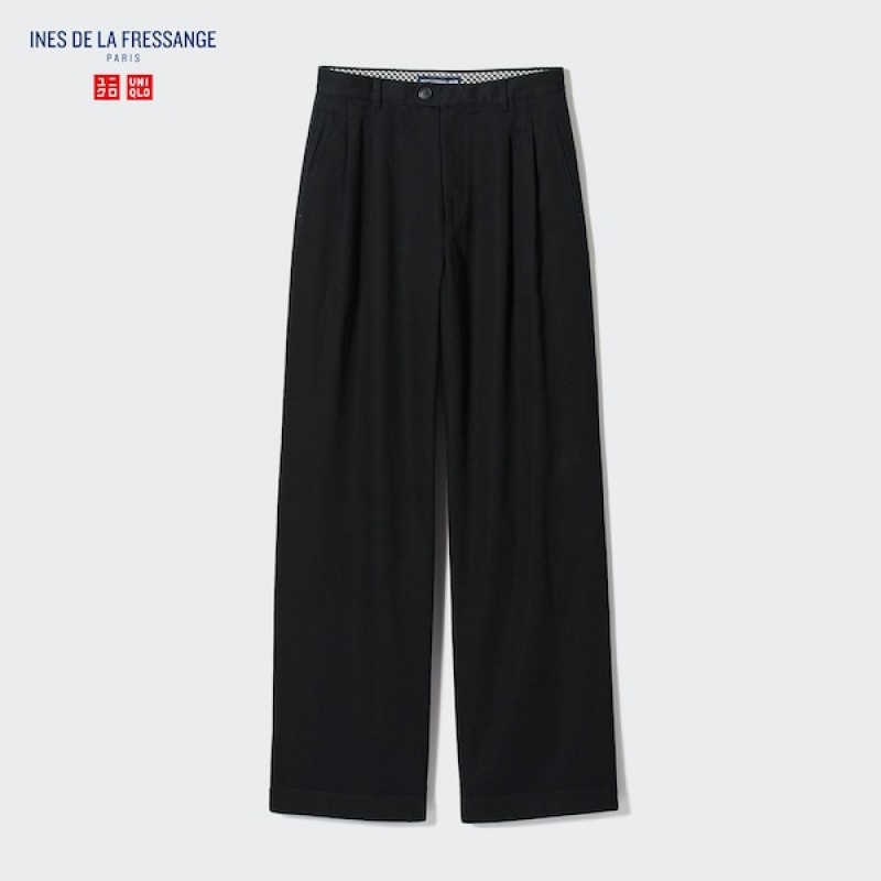 Uniqlo Denim Wide-Fit Plisirana Ženske Hlače Crne | 1059-RHQJU
