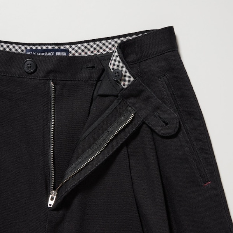 Uniqlo Denim Wide-Fit Plisirana Ženske Hlače Crne | 1059-RHQJU