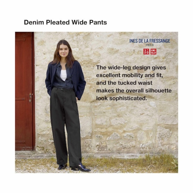 Uniqlo Denim Wide-Fit Plisirana Ženske Hlače Crne | 1059-RHQJU