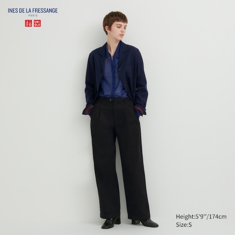 Uniqlo Denim Wide-Fit Plisirana Ženske Hlače Crne | 1059-RHQJU
