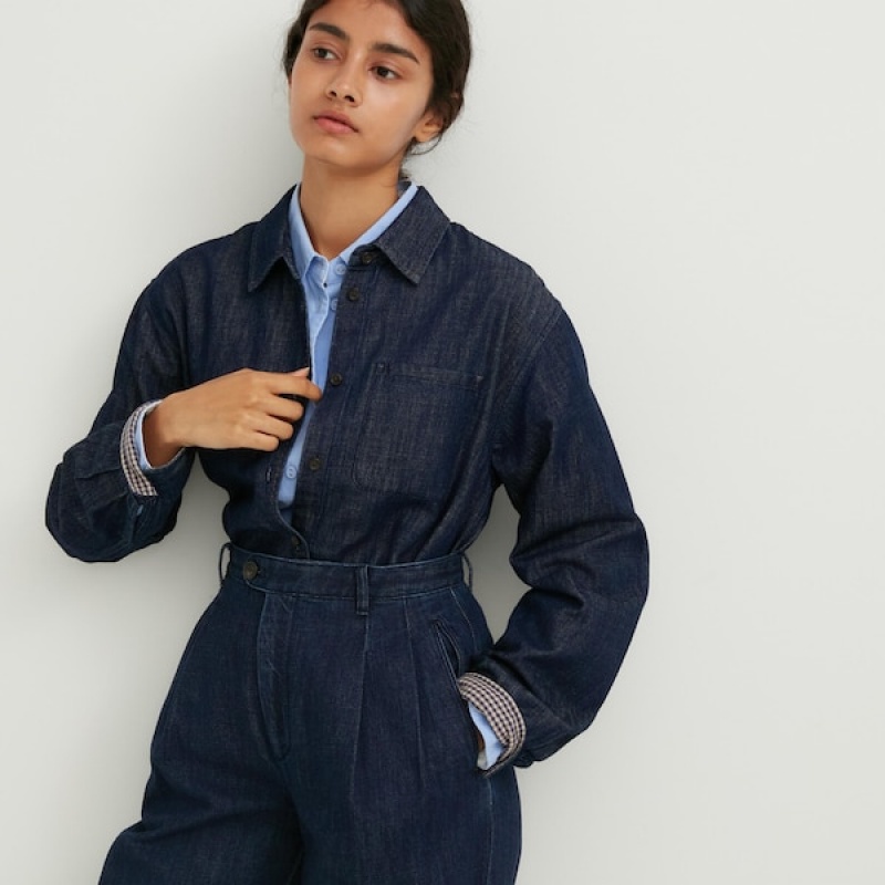 Uniqlo Denim Wide-Fit Plisirana Ženske Hlače Tamnoplave | 3506-LVPSB
