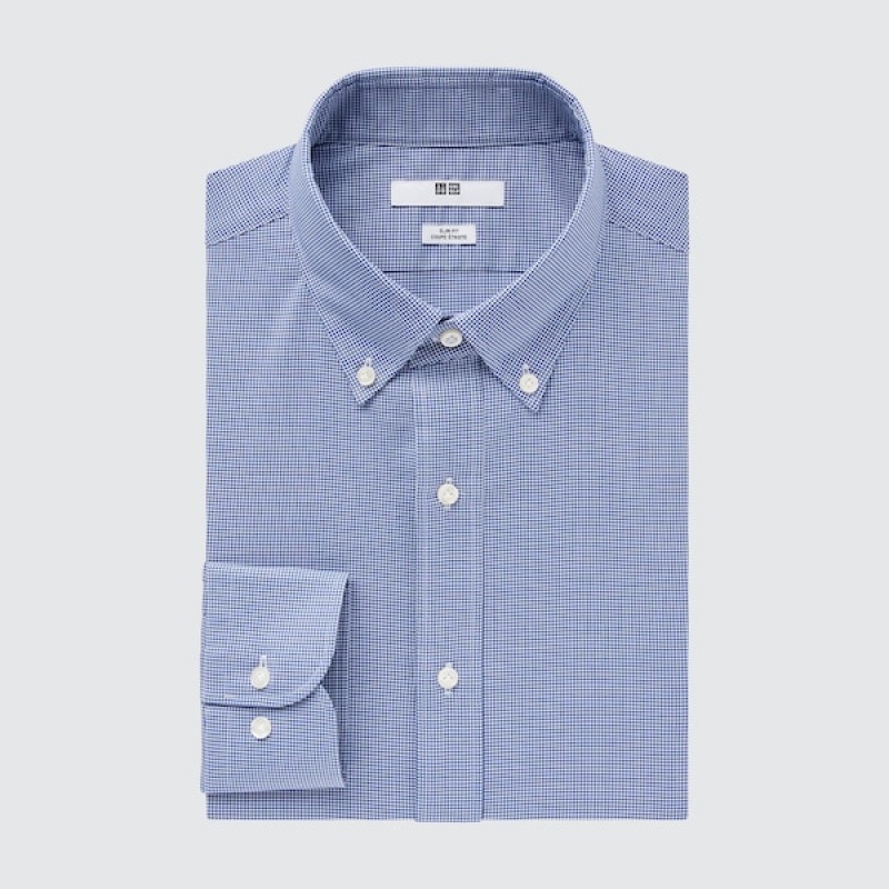 Uniqlo Easy Care Checked Stretch Slim-Fit Long-Sleeve Muške Košulje Plave | 9481-SODGA