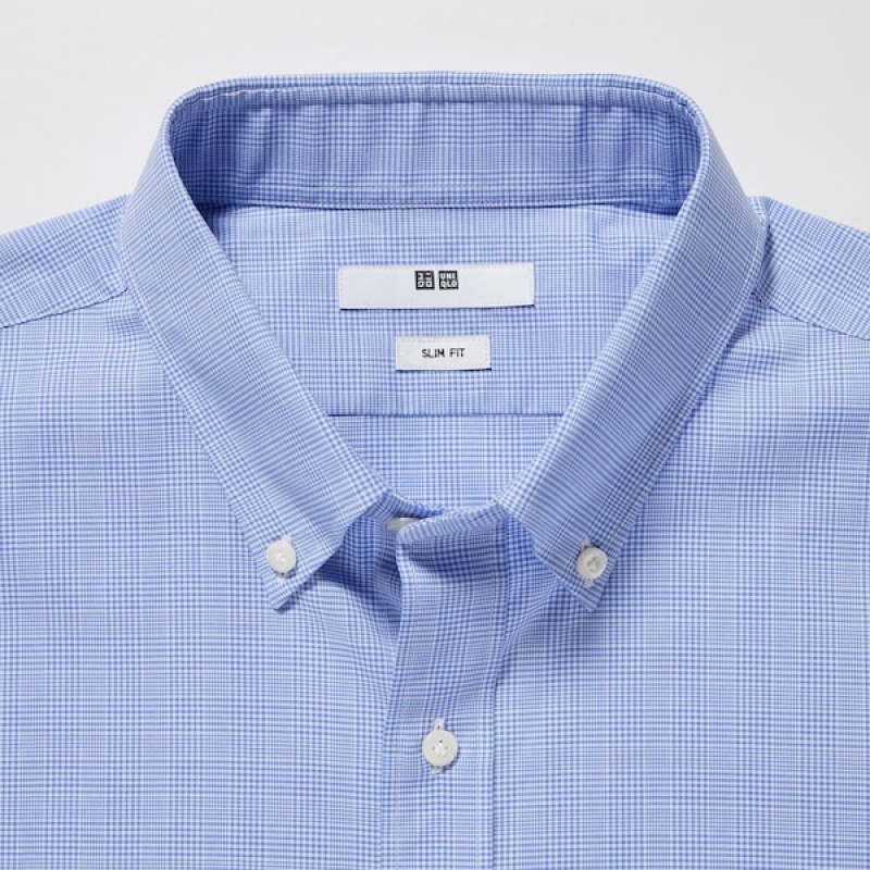 Uniqlo Easy Care Checked Stretch Slim-Fit Long-Sleeve Muške Košulje Plave | 5849-XEGFY