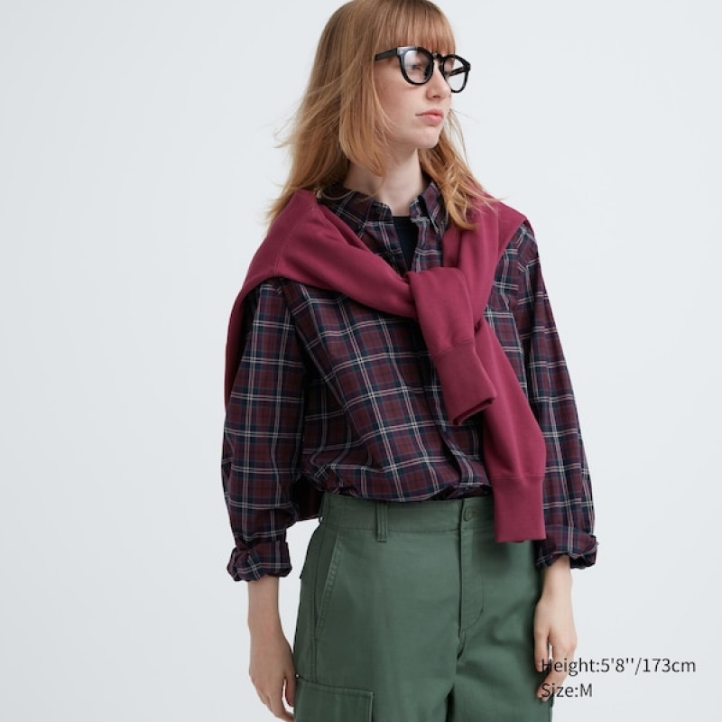 Uniqlo Extra Fine Cotton Broadcloth Checked Long-Sleeve Ženske Košulje Bordo | 0678-UGTAM