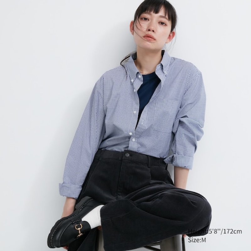 Uniqlo Extra Fine Cotton Broadcloth Checkered Long-Sleeve Ženske Košulje Plave | 0832-WBRZU