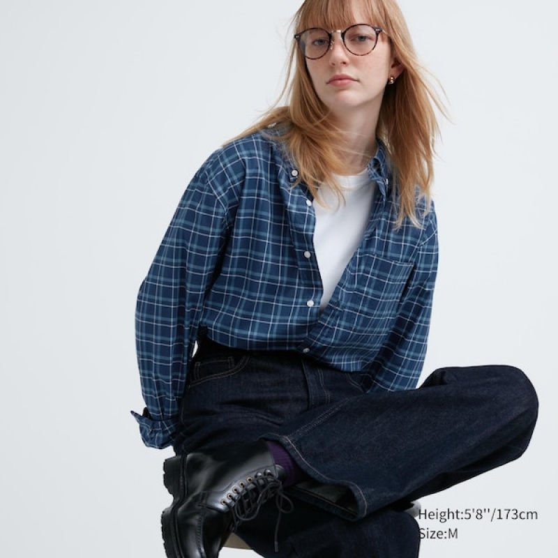 Uniqlo Extra Fine Cotton Broadcloth Checked Long-Sleeve Ženske Košulje Plave | 0159-YLHKQ