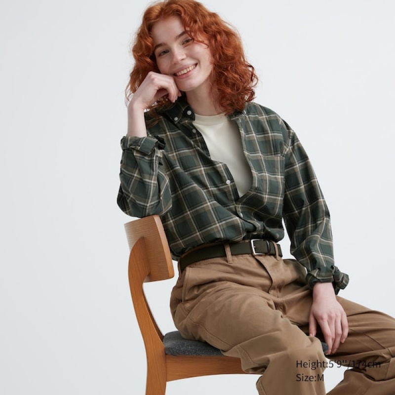 Uniqlo Extra Fine Cotton Broadcloth Checked Long-Sleeve Ženske Košulje Maslinasto Zelene | 5719-FONDR