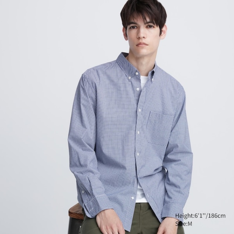 Uniqlo Extra Fine Cotton Broadcloth Checkered Long-Sleeve Muške Košulje Plave | 1976-SXTKW