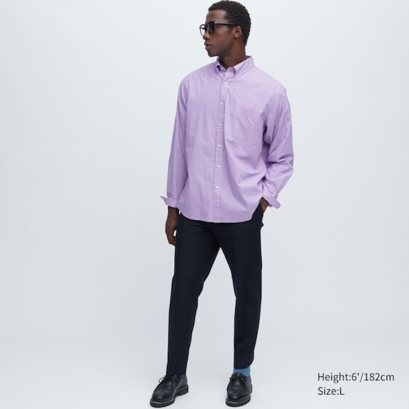Uniqlo Extra Fine Cotton Broadcloth Checkered Long-Sleeve Muške Košulje Ljubičaste | 8605-FTXNB