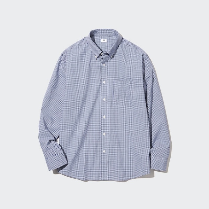 Uniqlo Extra Fine Cotton Broadcloth Checked Long-Sleeve Muške Košulje Plave | 0623-PVLSA