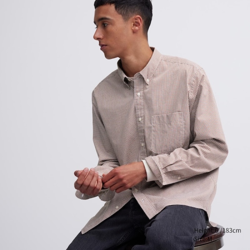 Uniqlo Extra Fine Cotton Broadcloth Checked Long-Sleeve Muške Košulje Smeđe | 2657-HVGMT