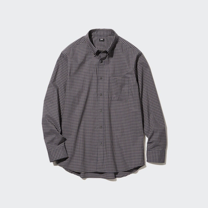 Uniqlo Extra Fine Cotton Broadcloth Checked Long-Sleeve Muške Košulje Smeđe | 9807-VLFPW