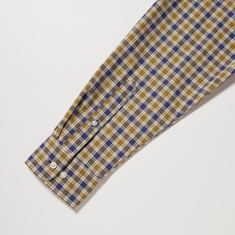 Uniqlo Extra Fine Cotton Broadcloth Checked Long-Sleeve Muške Košulje Žute | 4587-JDMBF