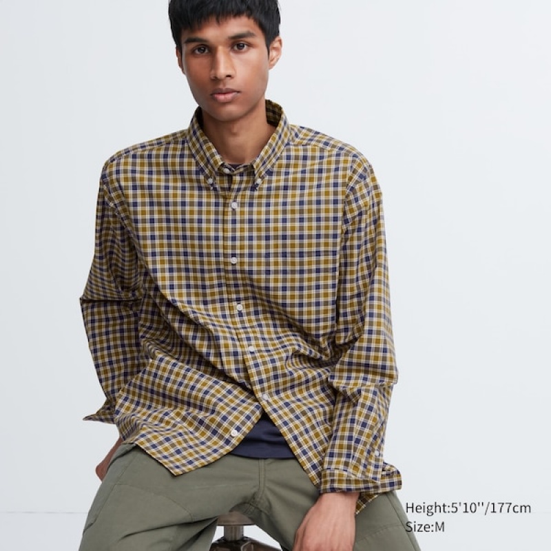 Uniqlo Extra Fine Cotton Broadcloth Checked Long-Sleeve Muške Košulje Žute | 4587-JDMBF