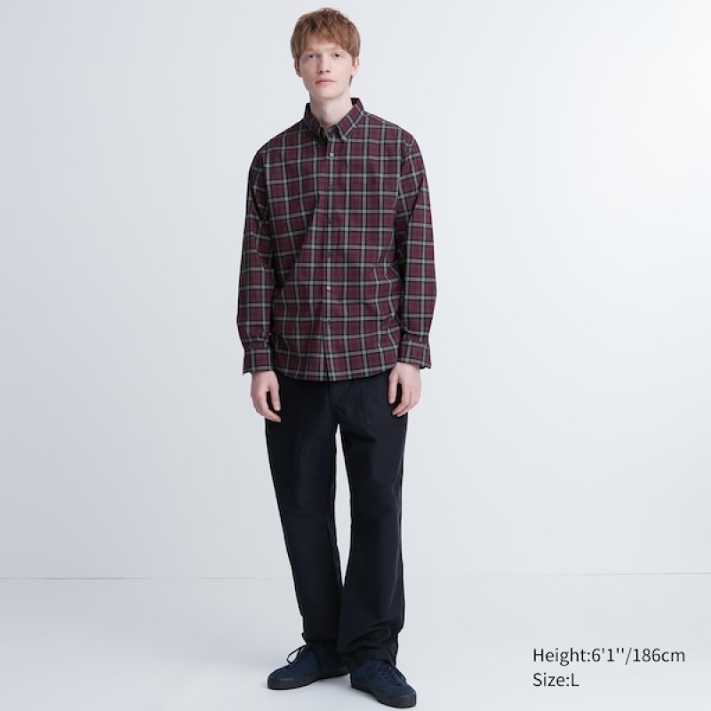 Uniqlo Extra Fine Cotton Broadcloth Checked Long-Sleeve Muške Košulje Bordo | 9014-UAIET