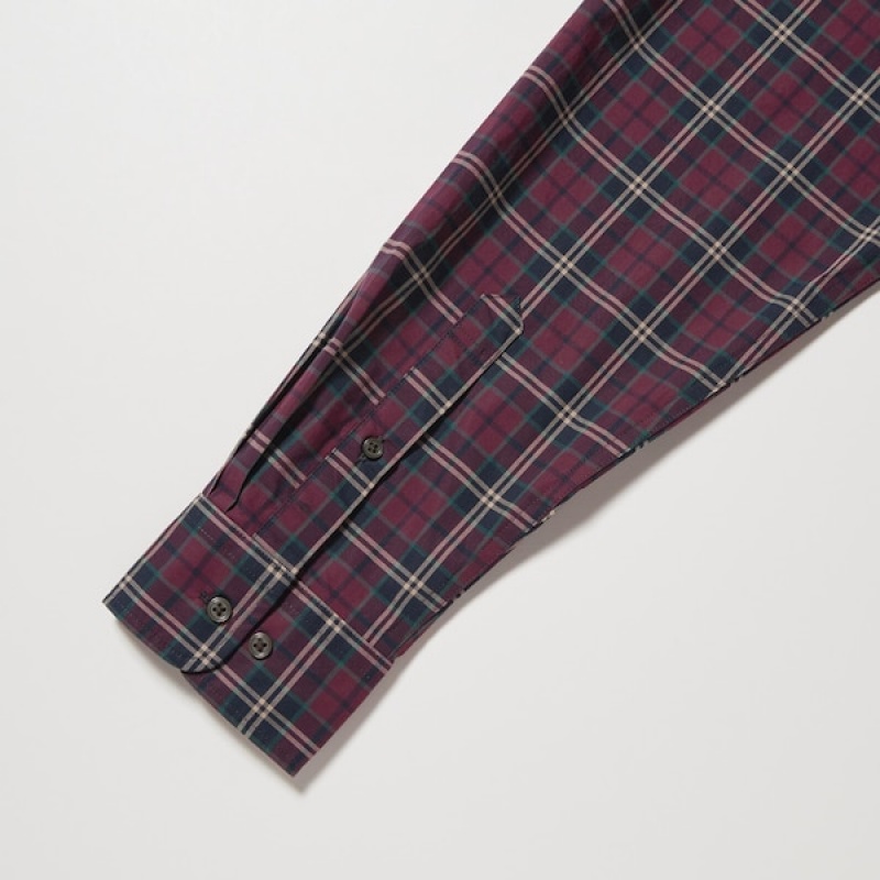 Uniqlo Extra Fine Cotton Broadcloth Checked Long-Sleeve Muške Košulje Bordo | 9014-UAIET