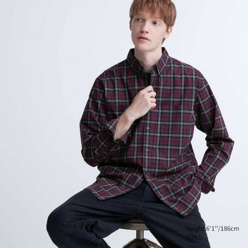 Uniqlo Extra Fine Cotton Broadcloth Checked Long-Sleeve Muške Košulje Bordo | 9014-UAIET