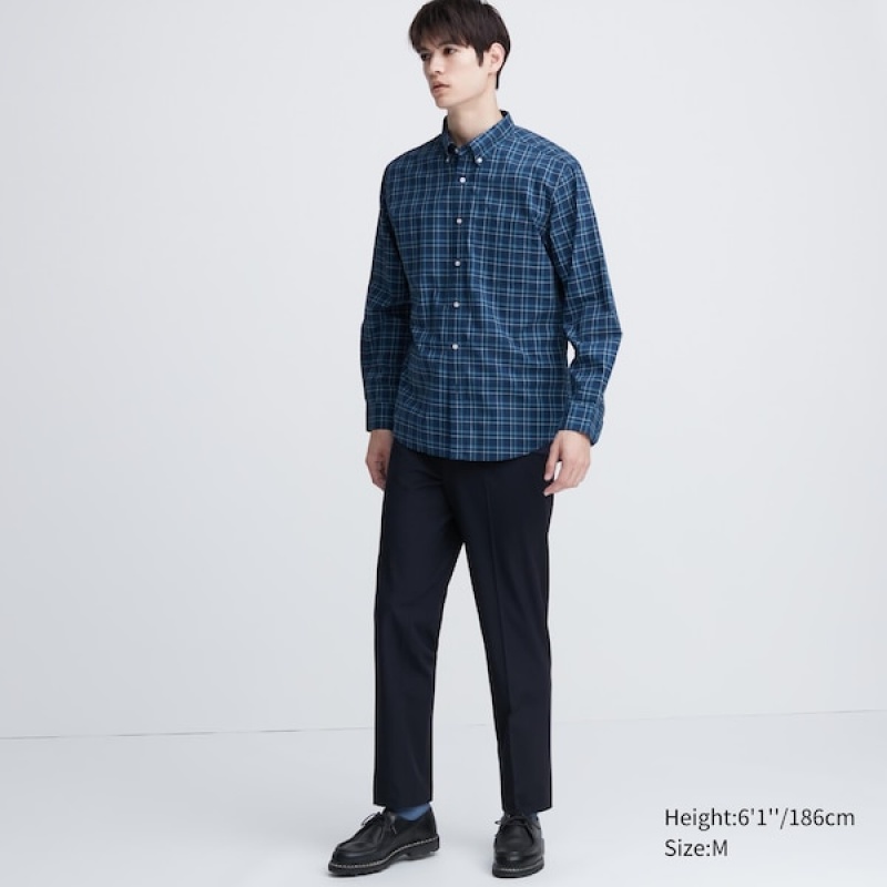 Uniqlo Extra Fine Cotton Broadcloth Checked Long-Sleeve Muške Košulje Plave | 2841-EFZGH