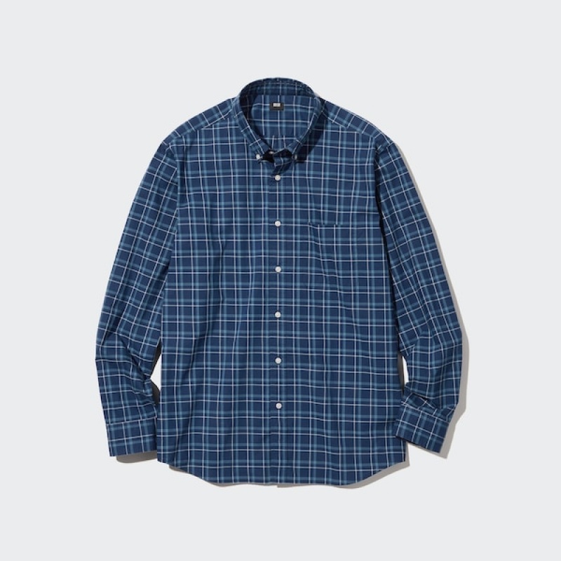 Uniqlo Extra Fine Cotton Broadcloth Checked Long-Sleeve Muške Košulje Plave | 2841-EFZGH