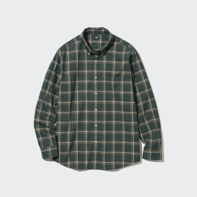 Uniqlo Extra Fine Cotton Broadcloth Checked Long-Sleeve Muške Košulje Maslinasto Zelene | 5149-KHWJO
