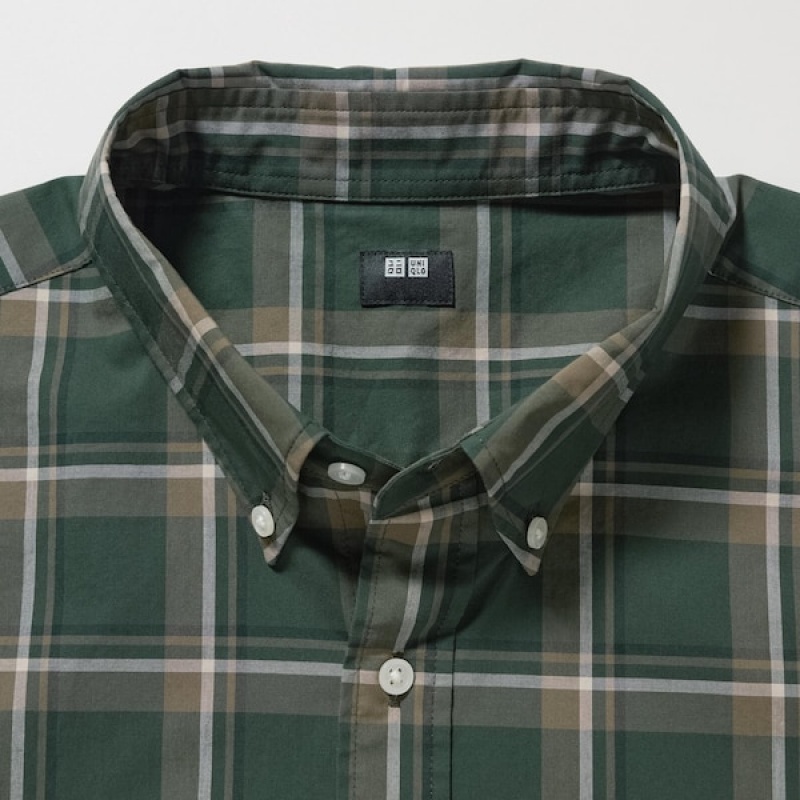 Uniqlo Extra Fine Cotton Broadcloth Checked Long-Sleeve Muške Košulje Maslinasto Zelene | 5149-KHWJO