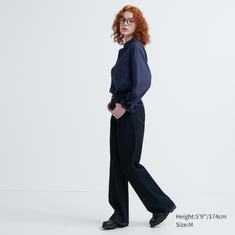 Uniqlo Extra Fine Cotton Broadcloth Dotted Long-Sleeve Ženske Košulje Plave | 5461-JKDSC