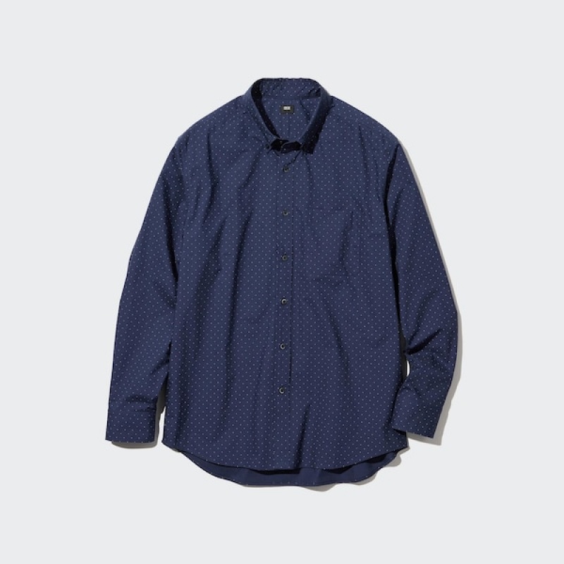 Uniqlo Extra Fine Cotton Broadcloth Dotted Long-Sleeve Muške Košulje Plave | 7498-UBFIZ
