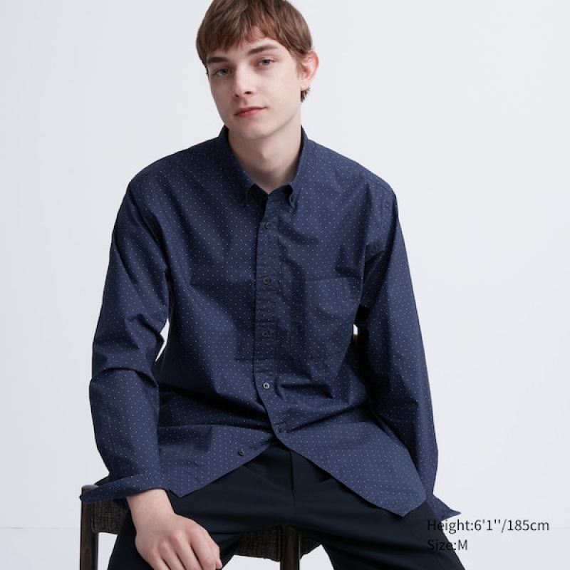 Uniqlo Extra Fine Cotton Broadcloth Dotted Long-Sleeve Muške Košulje Plave | 7498-UBFIZ