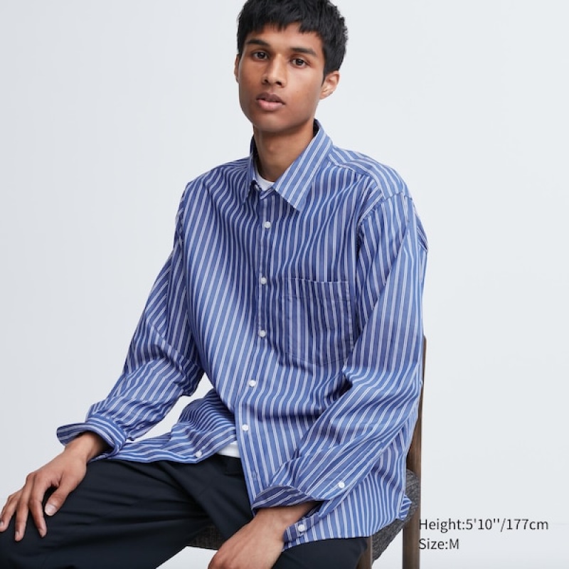 Uniqlo Extra Fine Cotton Broadcloth Long-Sleeve Muške Košulje Plave | 8574-VTJUE