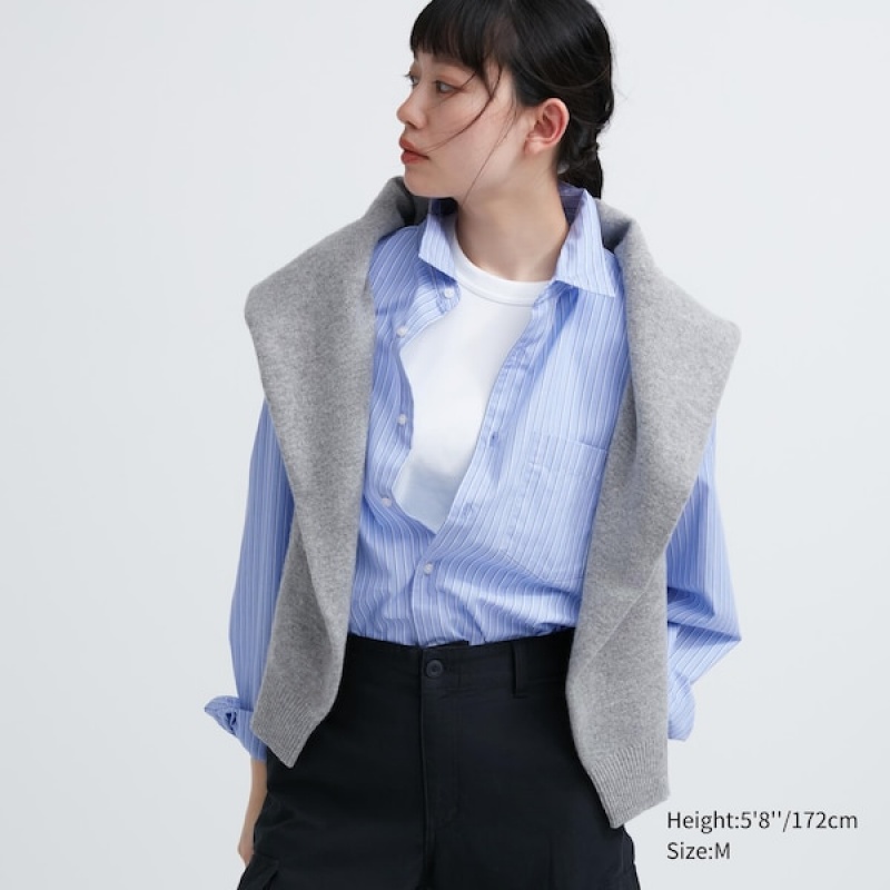 Uniqlo Extra Fine Cotton Broadcloth Prugasta Long-Sleeve Ženske Košulje Plave | 1473-PQLHV