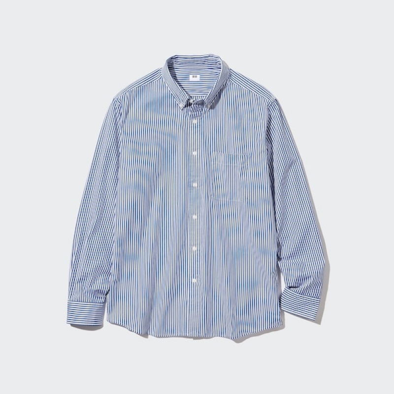Uniqlo Extra Fine Cotton Broadcloth Prugasta Long-Sleeve Muške Košulje Plave | 8152-XGQZN