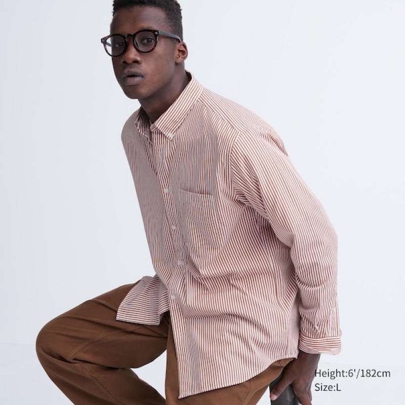 Uniqlo Extra Fine Cotton Broadcloth Prugasta Long-Sleeve Muške Košulje Roze | 9875-EYRNH