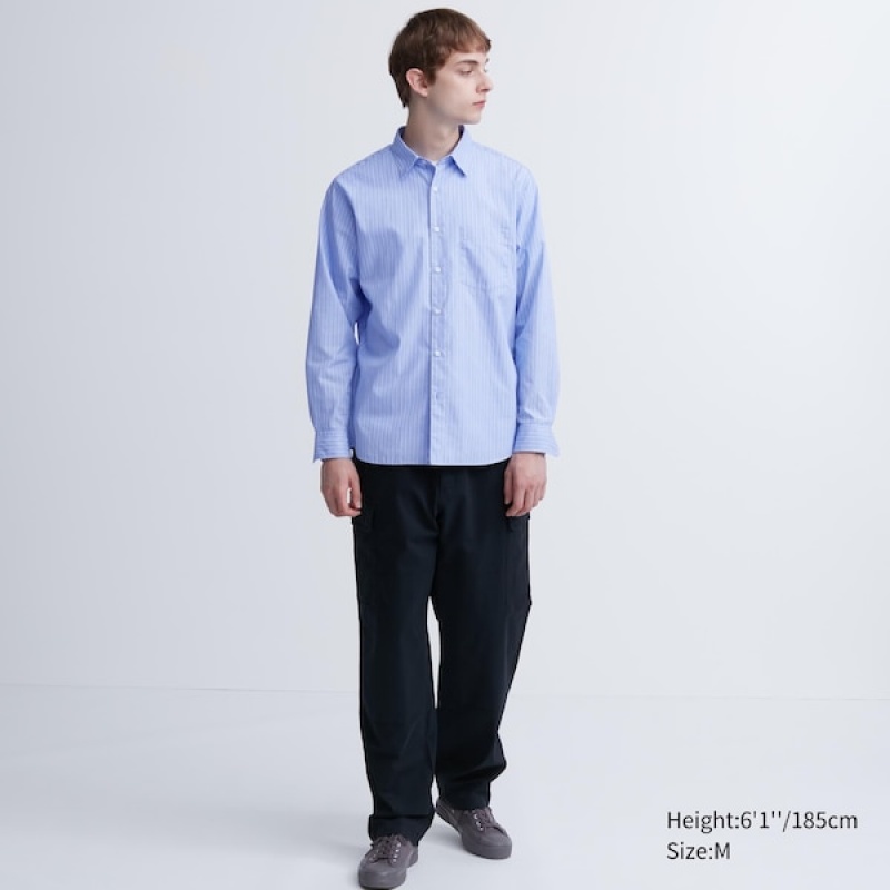 Uniqlo Extra Fine Cotton Broadcloth Prugasta Long-Sleeve Muške Košulje Plave | 2815-NKRVE