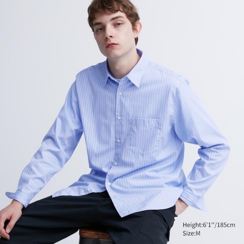 Uniqlo Extra Fine Cotton Broadcloth Prugasta Long-Sleeve Muške Košulje Plave | 2815-NKRVE