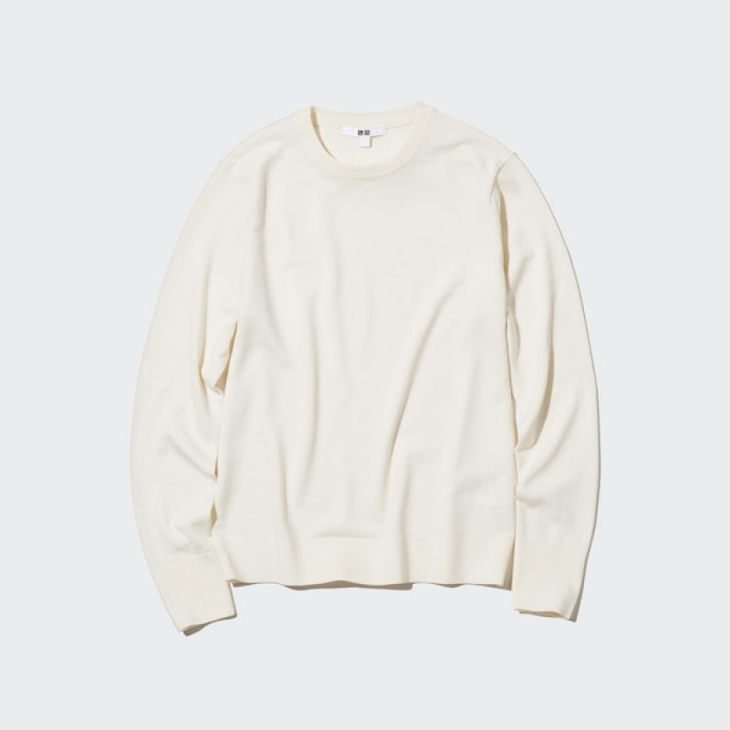 Uniqlo Extra Fine Merino Crew Neck Long-Sleeve Ženske Džemperi Bijele | 5241-OCZKW