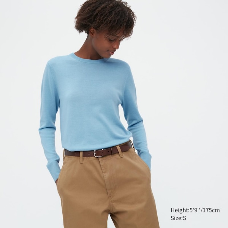 Uniqlo Extra Fine Merino Crew Neck Long-Sleeve Ženske Džemperi Plave | 2410-CQFEO