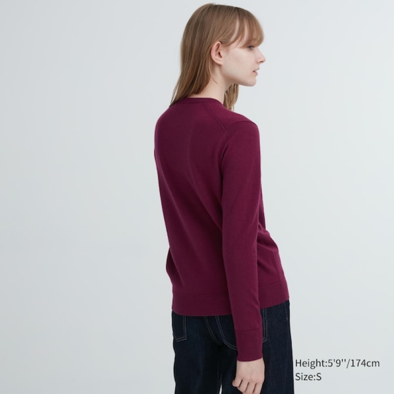 Uniqlo Extra Fine Merino Crew Neck Long-Sleeve Ženske Džemperi Bordo | 1395-SKLRM