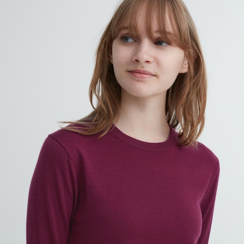 Uniqlo Extra Fine Merino Crew Neck Long-Sleeve Ženske Džemperi Bordo | 1395-SKLRM