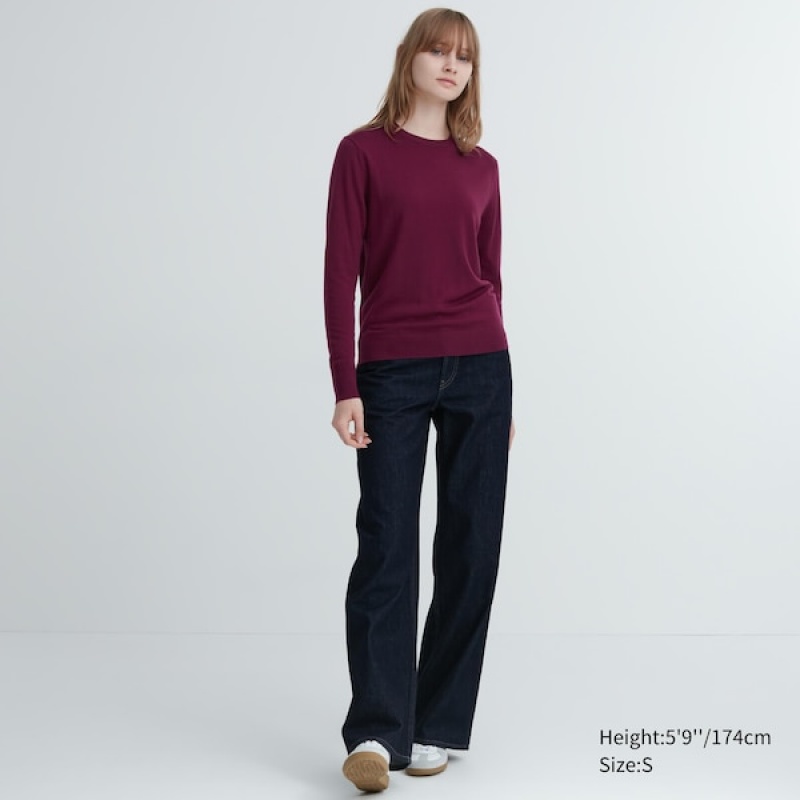 Uniqlo Extra Fine Merino Crew Neck Long-Sleeve Ženske Džemperi Bordo | 1395-SKLRM