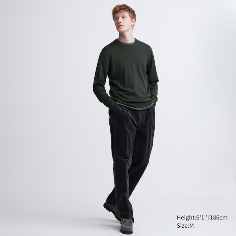 Uniqlo Extra Fine Merino Crew Neck Muške Džemperi Zelene | 9245-KDQUF