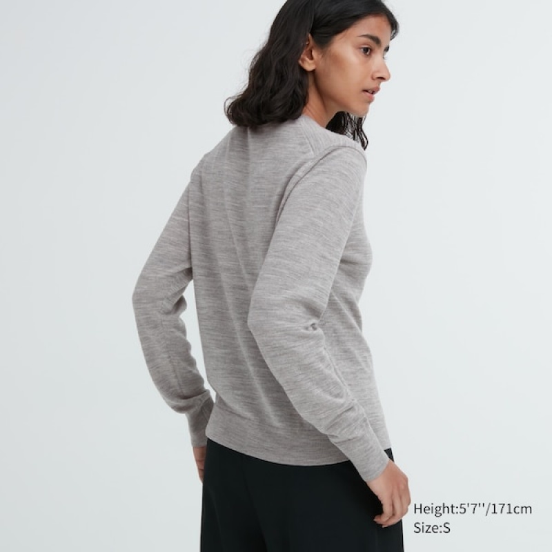 Uniqlo Extra Fine Merino Crew Neck Ženske Kardigan Sive | 7214-EYIQV